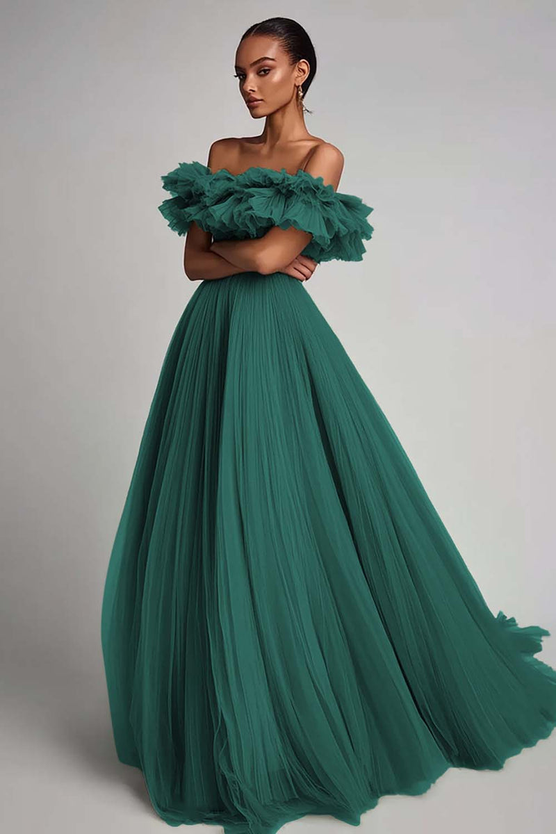 Load image into Gallery viewer, Dusty Sage Tulle A Line Off the Shoulder Long Formal Dress