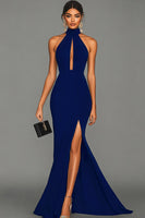 Load image into Gallery viewer, Black Halter Neck Satin Mermaid Formal Dress with Slit