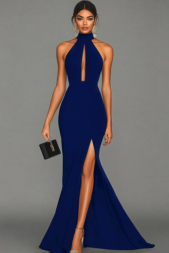 Black Halter Neck Satin Mermaid Formal Dress with Slit