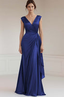 Load image into Gallery viewer, Grey Blue V-Neck Sheath Long Satin Formal Dress