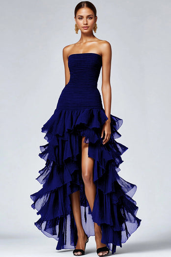 Black Strapless Tulle Tiered A-Line Formal Dress