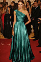 Load image into Gallery viewer, Golden Metallic Pleated One Shoulder A Line Long Formal Dress