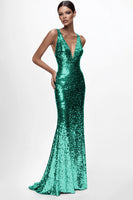 Load image into Gallery viewer, Sparkly Silver Sequin Mermaid Deep V-Neck Long Formal Dress