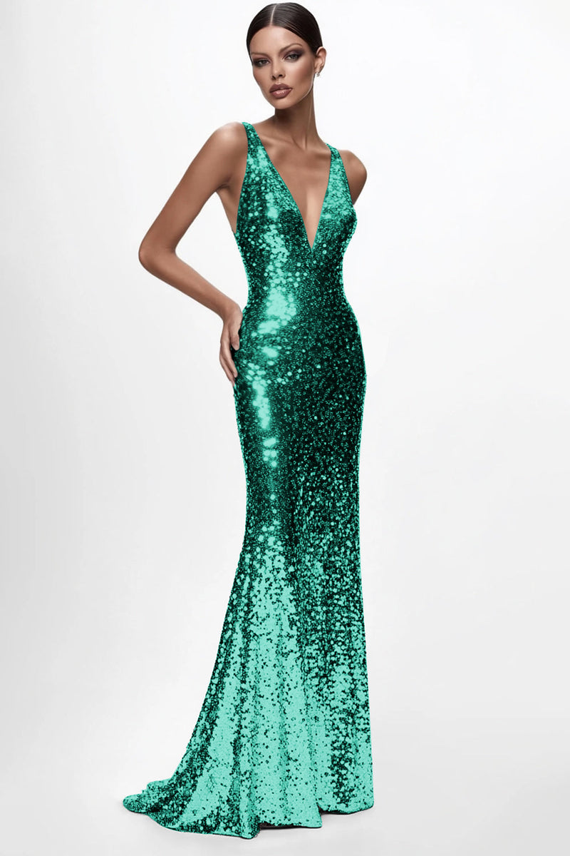 Load image into Gallery viewer, Sparkly Silver Sequin Mermaid Deep V-Neck Long Formal Dress