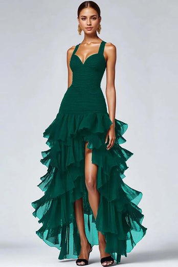 Black Spaghetti Straps Ruffled A-Line Long Formal Dress