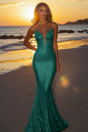Sparkly Silver Sequin Spaghetti Straps Mermaid Long Formal Dress