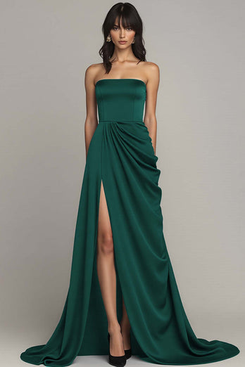Black Strapless Satin A Line Long Formal Dress with Slit