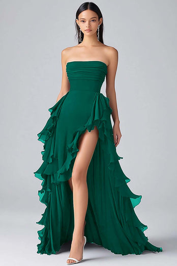 Black Chiffon A Line Tiered Strapless Formal Dress with Slit