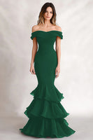 Load image into Gallery viewer, Black Off the Shoulder Mermaid Tiered Long Formal Dress