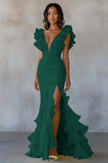 Yellow V-Neck Chiffon Long Mermaid Ruffled Formal Dress with Slit