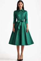 Load image into Gallery viewer, Blue Collar Neck Satin Tea Length A-Line Formal Dress with Bow
