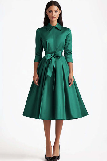 Blue Collar Neck Satin Tea Length A-Line Formal Dress with Bow