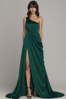 Load image into Gallery viewer, Black One Shoulder A Line Satin Ruched Long Formal Dress with Slit