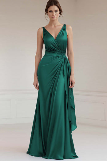 Grey Blue V-Neck Sheath Satin Ruched Long Formal Dress