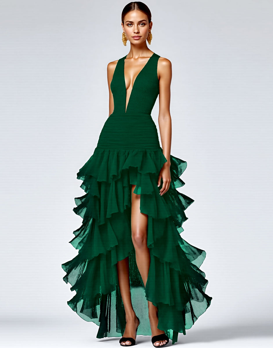 Load image into Gallery viewer, Royal Blue A Line V-Neck Ruffled Long Formal Dress with Slit