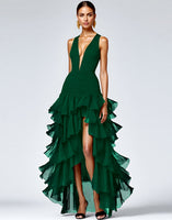 Load image into Gallery viewer, Black A Line Deep V-Neck Tiered Long Formal Dress with Slit