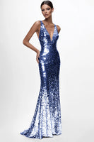 Load image into Gallery viewer, Sparkly Silver Sequin Mermaid Deep V-Neck Long Formal Dress
