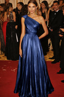 Load image into Gallery viewer, Golden Metallic Pleated One Shoulder A Line Long Formal Dress