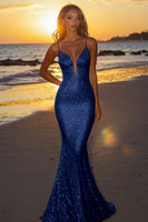 Load image into Gallery viewer, Sparkly Silver Sequin Spaghetti Straps Mermaid Long Formal Dress