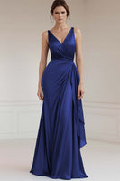 Load image into Gallery viewer, Grey Blue V-Neck Sheath Satin Ruched Long Formal Dress