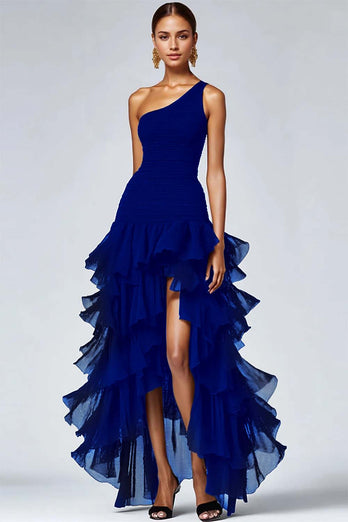 Black One Shoulder Ruffled High Low Formal Dress