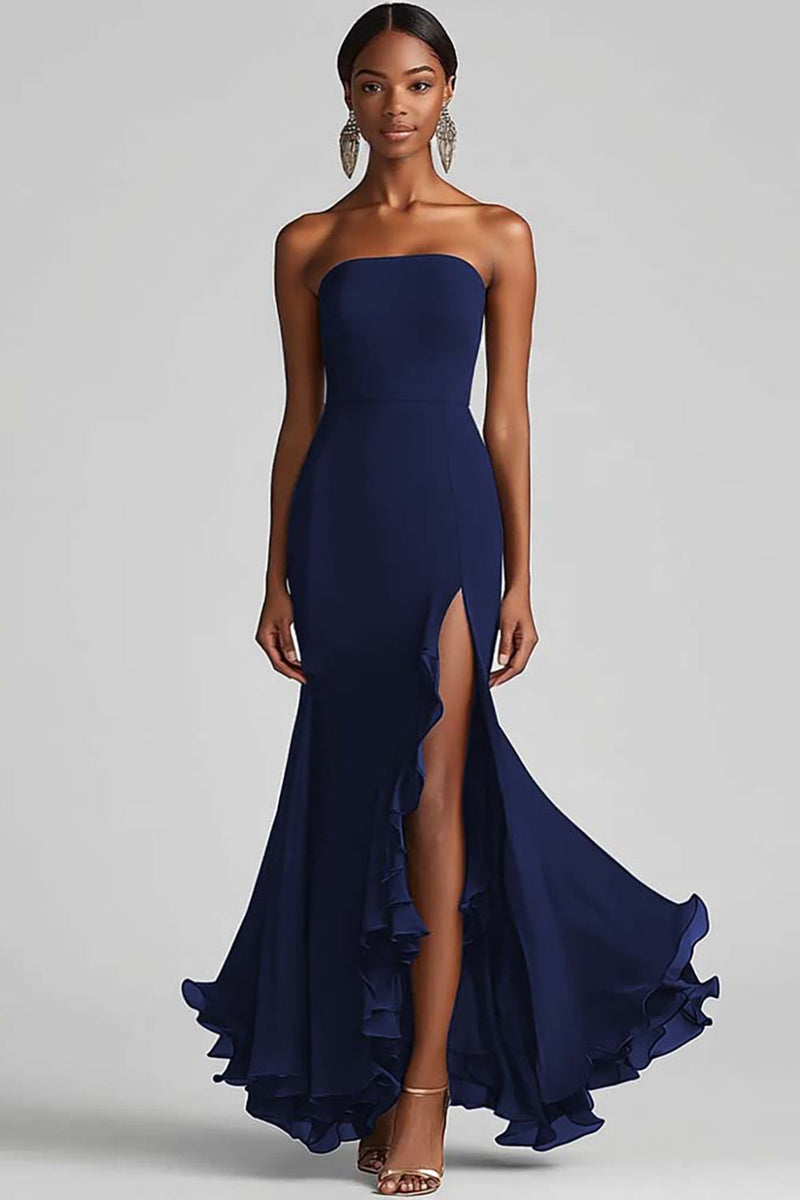 Load image into Gallery viewer, Royal Blue Strapless Long Chiffon Formal Dress with Slit
