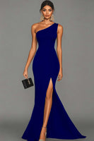 Load image into Gallery viewer, Black Mermaid One Shoulder Satin Long Formal Dress with Slit