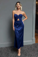 Load image into Gallery viewer, Dark Navy Sweetheart Sheath Satin Long Formal Dress