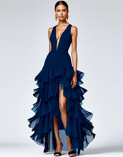 Royal Blue A Line V-Neck Ruffled Long Formal Dress with Slit