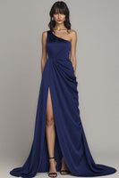 Load image into Gallery viewer, Black One Shoulder A Line Satin Ruched Long Formal Dress with Slit
