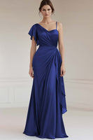 Load image into Gallery viewer, Grey Blue Satin Ruched Sheath Long Formal Dress