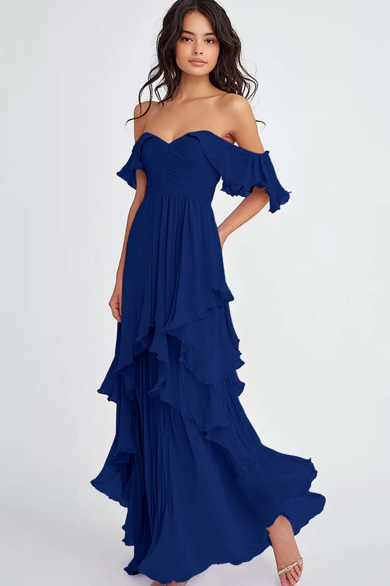 Load image into Gallery viewer, Lilac Off the Shoulder Chiffon Ruffled A-Line Formal Dress