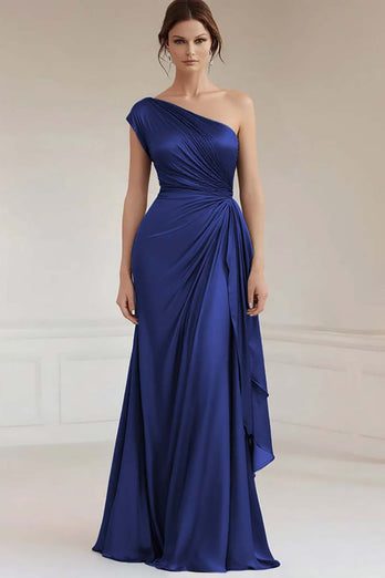 Grey Blue One Shoulder Sheath Ruched Long Formal Dress