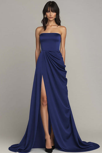 Black Strapless Satin A Line Long Formal Dress with Slit