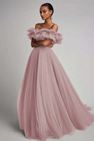 Load image into Gallery viewer, Dusty Sage Tulle A Line Off the Shoulder Long Formal Dress
