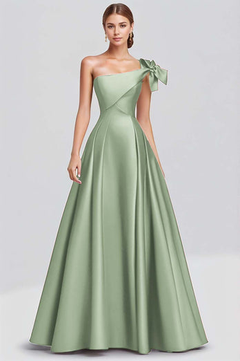 Dusty Sage Ball Gown One Shoulder Satin Long Formal Dress