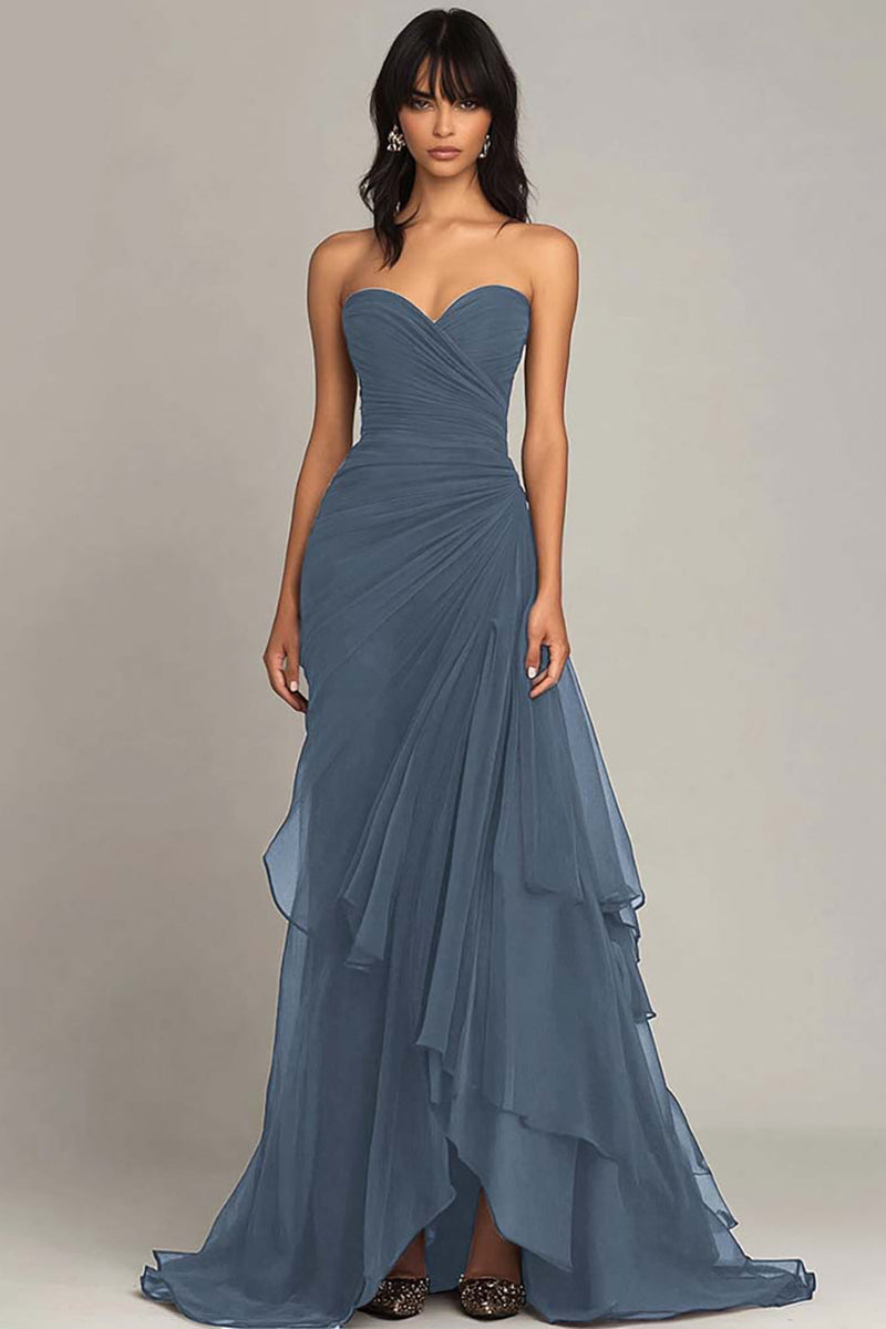 Load image into Gallery viewer, Dark Brown Sweetheart Sheath Tiered Long Chiffon Formal Dress