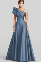 Load image into Gallery viewer, Navy One Shoulder Satin Ruched A Line Long Formal Dress