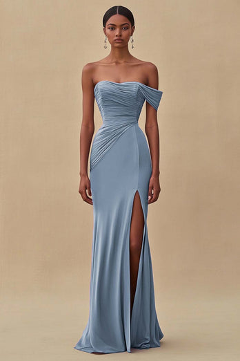 Purple Chiffon Ruched Off the Shoulder Long Formal Dress with Slit