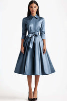 Load image into Gallery viewer, Blue Collar Neck Satin Tea Length A-Line Formal Dress with Bow