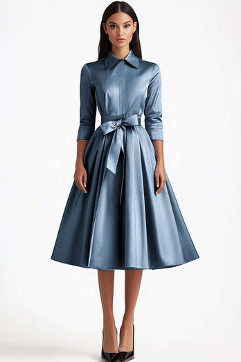 Blue Collar Neck Satin Tea Length A-Line Formal Dress with Bow
