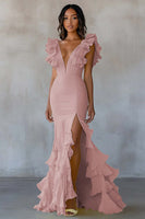 Load image into Gallery viewer, Yellow V-Neck Chiffon Long Mermaid Ruffled Formal Dress with Slit