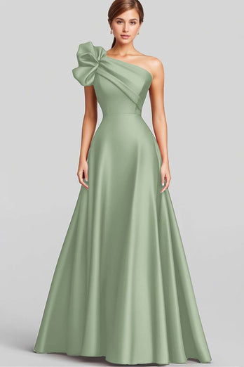 Navy One Shoulder Satin Ruched A Line Long Formal Dress