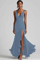 Load image into Gallery viewer, Black Chiffon Mermaid V Neck Long Formal Dress with Slit