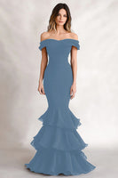 Load image into Gallery viewer, Black Off the Shoulder Mermaid Tiered Long Formal Dress