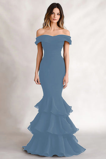 Black Off the Shoulder Mermaid Tiered Long Formal Dress