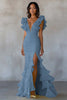 Load image into Gallery viewer, Yellow V-Neck Chiffon Long Mermaid Ruffled Formal Dress with Slit