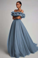 Load image into Gallery viewer, Dusty Sage Tulle A Line Off the Shoulder Long Formal Dress