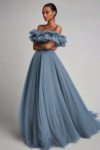 Dusty Sage Tulle A Line Off the Shoulder Long Formal Dress
