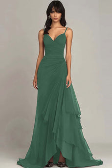 Ink Blue Spaghetti Straps Ruched Chiffon Long Formal Dress